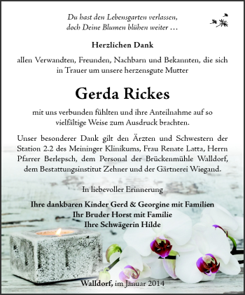 Traueranzeige von Gerda Rickes von Südthüringer Presse