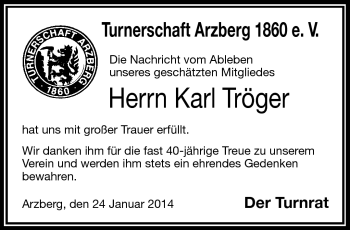 Traueranzeige von Karl Tröger von Frankenpost