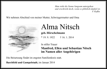 Traueranzeige von Alma Nitsch von Südthüringer Presse