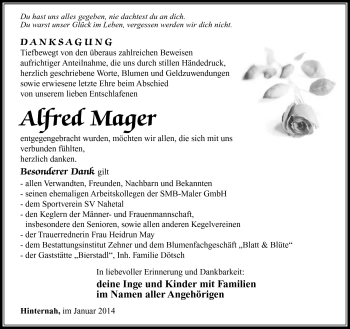 Traueranzeige von Alfred Mager von Südthüringer Presse