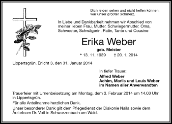 Traueranzeige von Erika Weber von Frankenpost