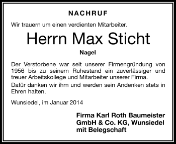 Traueranzeige von Max Sticht von Frankenpost