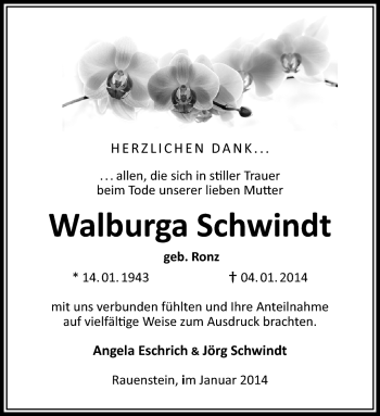 Traueranzeige von Walburga Schwindt von Südthüringer Presse