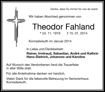 Traueranzeige von Theodor Fahland von Frankenpost