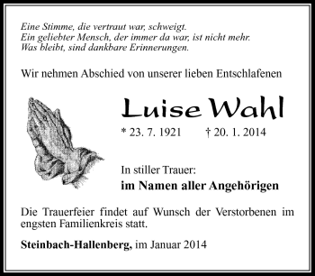 Traueranzeige von Luise Wahl von Südthüringer Presse