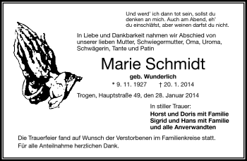 Traueranzeige von Marie Schmidt von Frankenpost