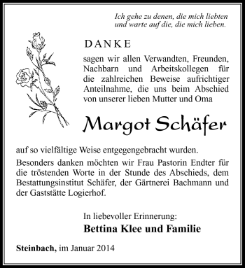 Traueranzeige von Margot Schäfer von Südthüringer Presse