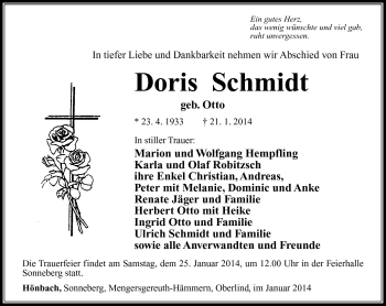 Traueranzeige von Doris Schmidt von Südthüringer Presse