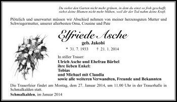 Traueranzeige von Elfriede Asche von Südthüringer Presse
