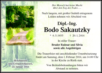 Traueranzeige von Bodo Sakautzky von Südthüringer Presse