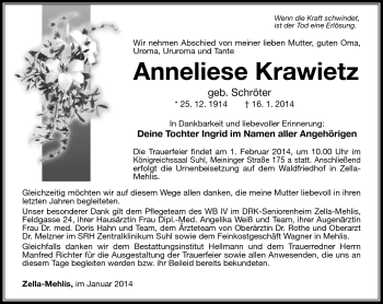 Traueranzeige von Anneliese Krawietz von Südthüringer Presse