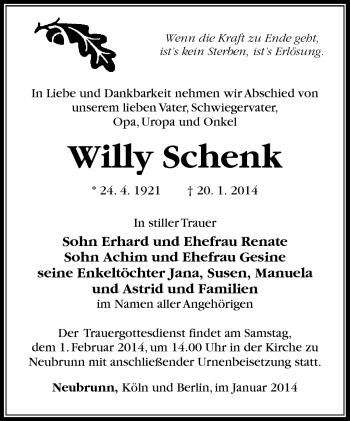Traueranzeige von Willy Schenk von Südthüringer Presse