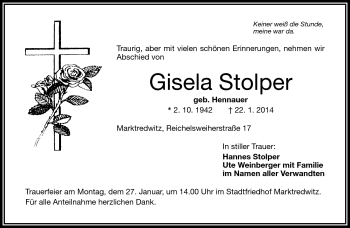 Traueranzeige von Gisela Stolper von Frankenpost
