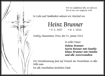 Traueranzeige von Heinz Brunner von Frankenpost
