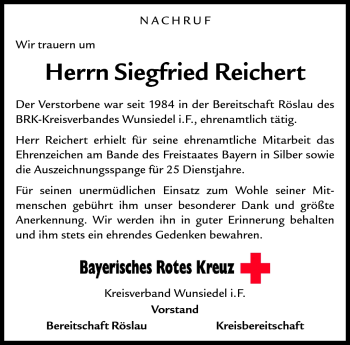 Traueranzeige von Siegfried Reichert von Frankenpost