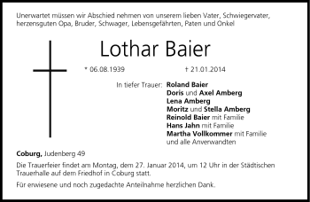 Traueranzeige von Lothar Baier von Neue Presse Coburg