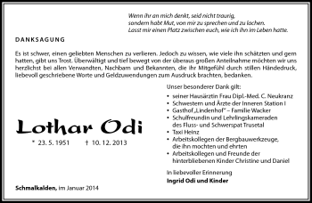 Traueranzeige von Lothar Odi von Südthüringer Presse