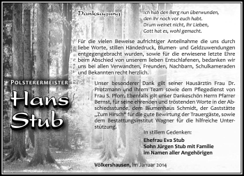 Traueranzeige von Hans Stube von Südthüringer Presse