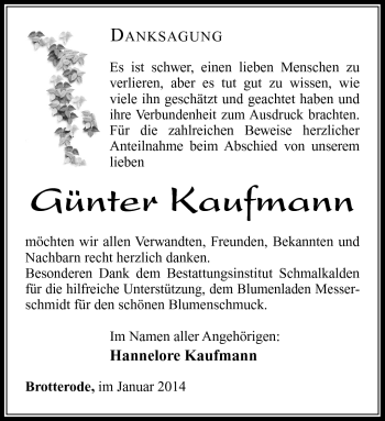 Traueranzeige von Günter Kaufmann von Südthüringer Presse