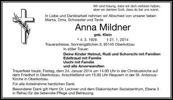 Traueranzeige von Ann Mildner von Frankenpost