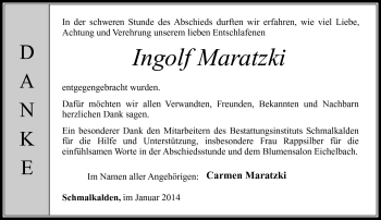 Traueranzeige von Ingolf Maratzki von Südthüringer Presse