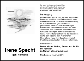 Traueranzeige von Irene Specht von Südthüringer Presse