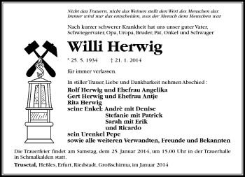 Traueranzeige von Willi Herwig von Südthüringer Presse