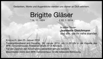 Traueranzeige von Brigitte Gläser von Neue Presse Coburg