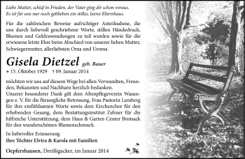 Traueranzeige von Gisela Dietzel von Südthüringer Presse