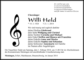 Traueranzeige von Willi Held von Südthüringer Presse