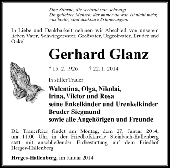 Traueranzeige von Gerhard Glanz von Südthüringer Presse