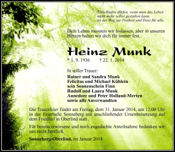 Traueranzeige von Heinz Munk von Südthüringer Presse