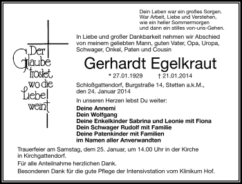 Traueranzeige von Gerhardt Egelkraut von Frankenpost
