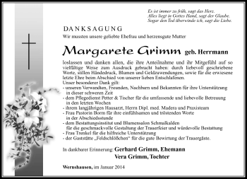 Traueranzeige von Margarete Grimm von Südthüringer Presse