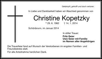 Traueranzeige von Christine Kopetzky von Frankenpost