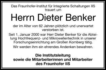 Traueranzeige von Dieter Benker von Frankenpost