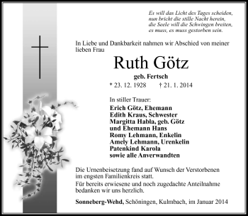 Traueranzeige von Ruth Götz von Südthüringer Presse