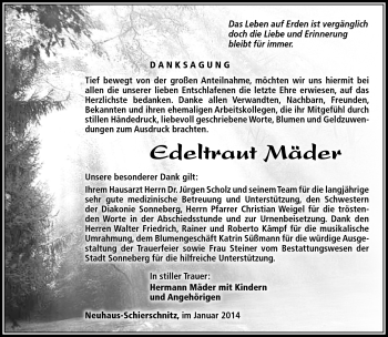 Traueranzeige von Edeltraud Mäder von Südthüringer Presse
