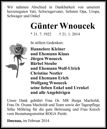 Traueranzeige von Günter Wnoucek von Südthüringer Presse