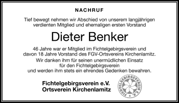 Traueranzeige von Dieter Benker von Frankenpost
