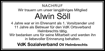Traueranzeige von Alwin Söll von Frankenpost
