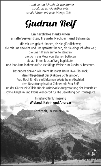 Traueranzeige von Gudrun Reif von Südthüringer Presse