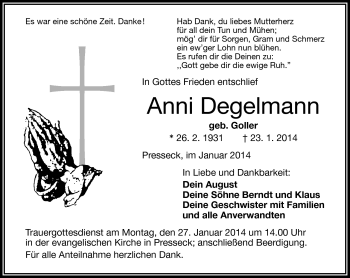 Traueranzeige von Anni Degelmann von Frankenpost