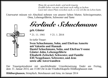 Traueranzeige von Gerlinde Schuchmann von Südthüringer Presse