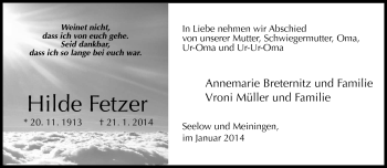 Traueranzeige von Hilde Fetzer von Südthüringer Presse