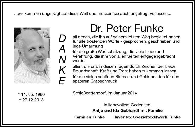  Traueranzeige für Peter Funke vom 25.01.2014 aus Frankenpost