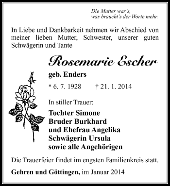 Traueranzeige von Rosemarie Escher von Südthüringer Presse