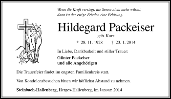 Traueranzeige von Hildegard Packeiser von Südthüringer Presse
