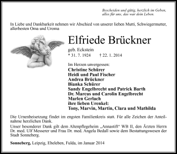 Traueranzeige von Elfriede Brückner von Südthüringer Presse
