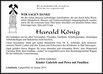 Traueranzeige von Harald König von Südthüringer Presse